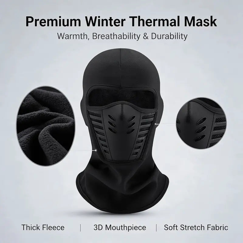 Winter balaclava showing fleece texture, 3D mouthpiece and flexible fabric