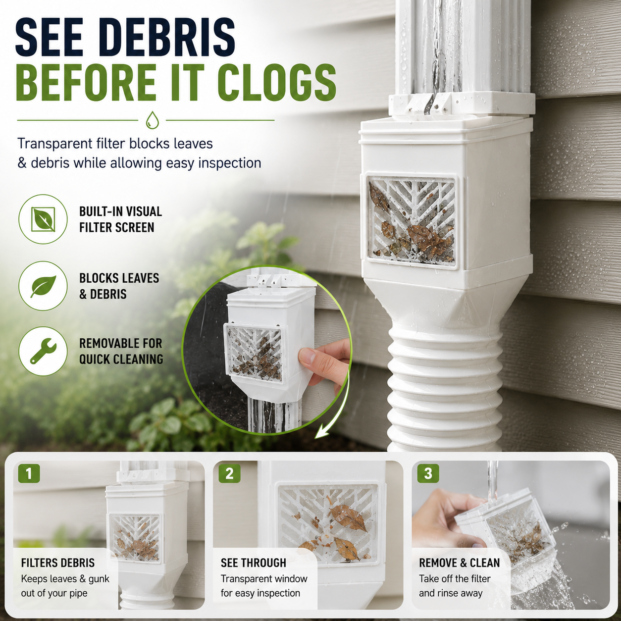 🏡 Flexible Rain Gutter Downspout Extension Kit  – Adjustable 22"-63" Drain Pipe with Leaf Filter for Foundation Protection