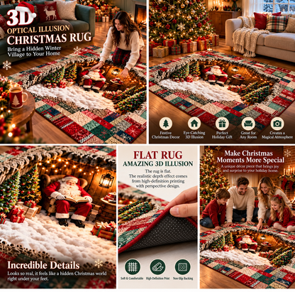 🔥HOT SALE🎅3D Optical Illusion Christmas Village Rug – Hidden Santa Winter Wonderland ✨