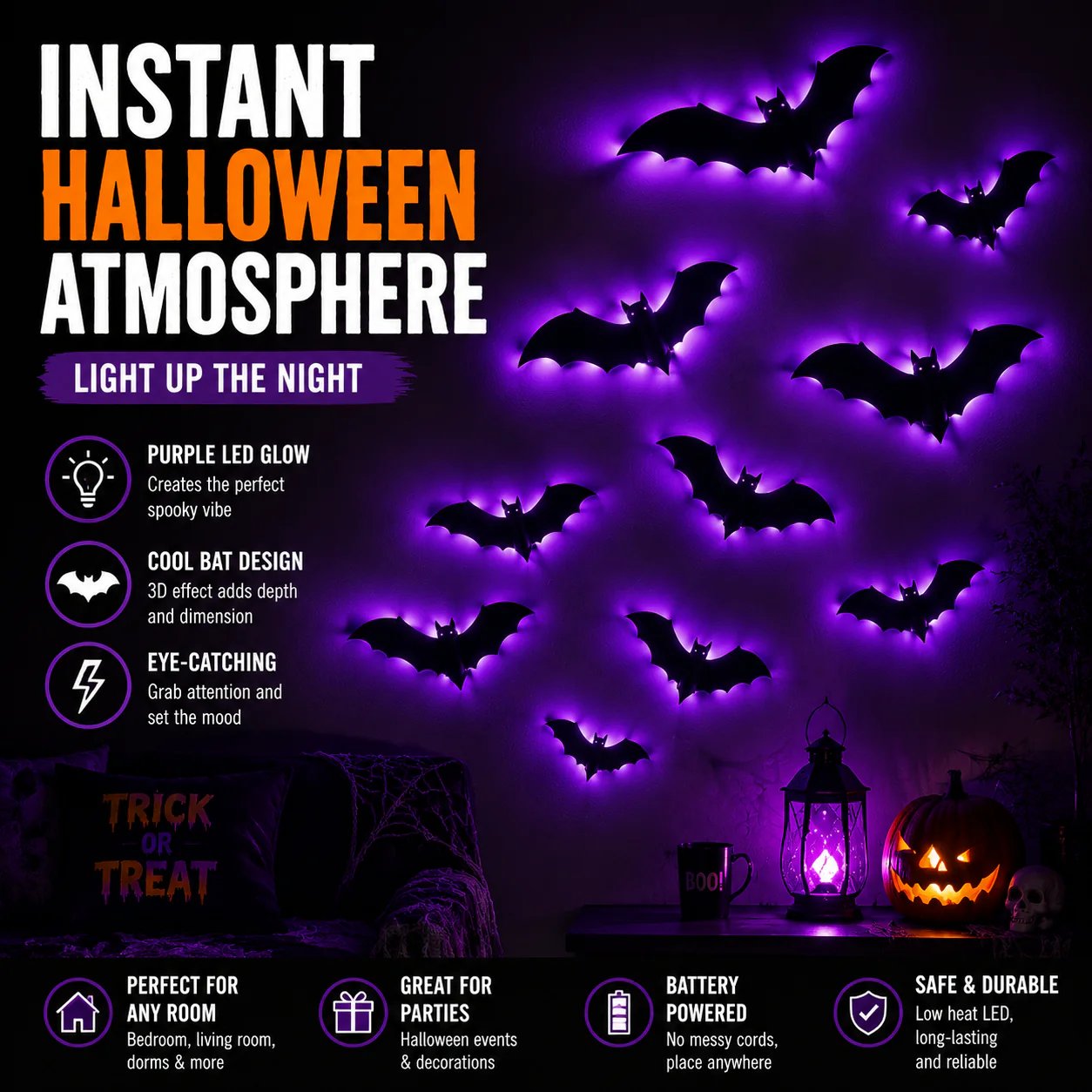 🦇3D LED Bat Light Halloween Wall Decor – Glowing Spooky Party Ornaments