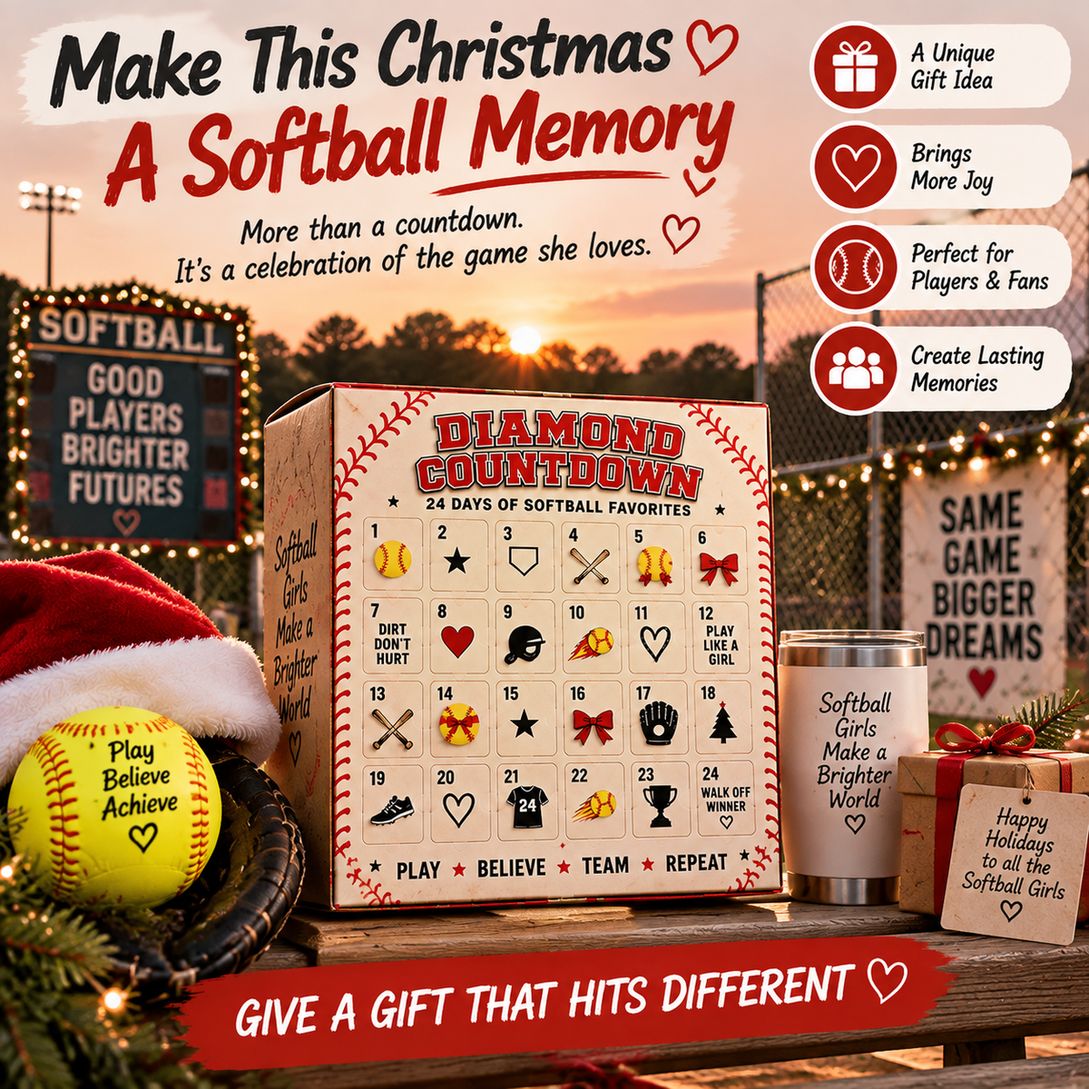 🥎 Softball Advent Calendar – 24-Day Christmas Countdown Gift for Girls, Players & Teammates