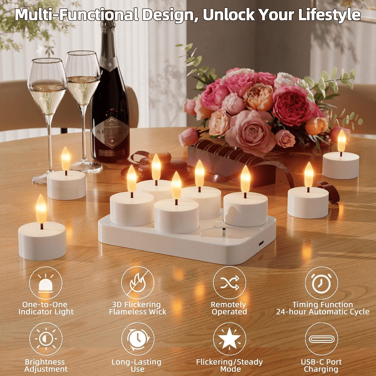 🕯️Rechargeable Flameless LED Tea Lights, Charging Station & Remote Included, Flickering Fake Candles, Safe No Flame Candle for Home, Wedding, Festival & Emergency Lighting