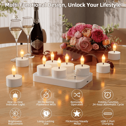 🕯️Rechargeable Flameless LED Tea Lights, Charging Station & Remote Included, Flickering Fake Candles, Safe No Flame Candle for Home, Wedding, Festival & Emergency Lighting