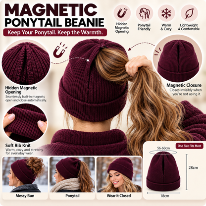 🔥2-in-1-ponytail-beanie-hat-hidden – Hidden Magnetic Closure, No-Zip Winter Knit Hat ❄️