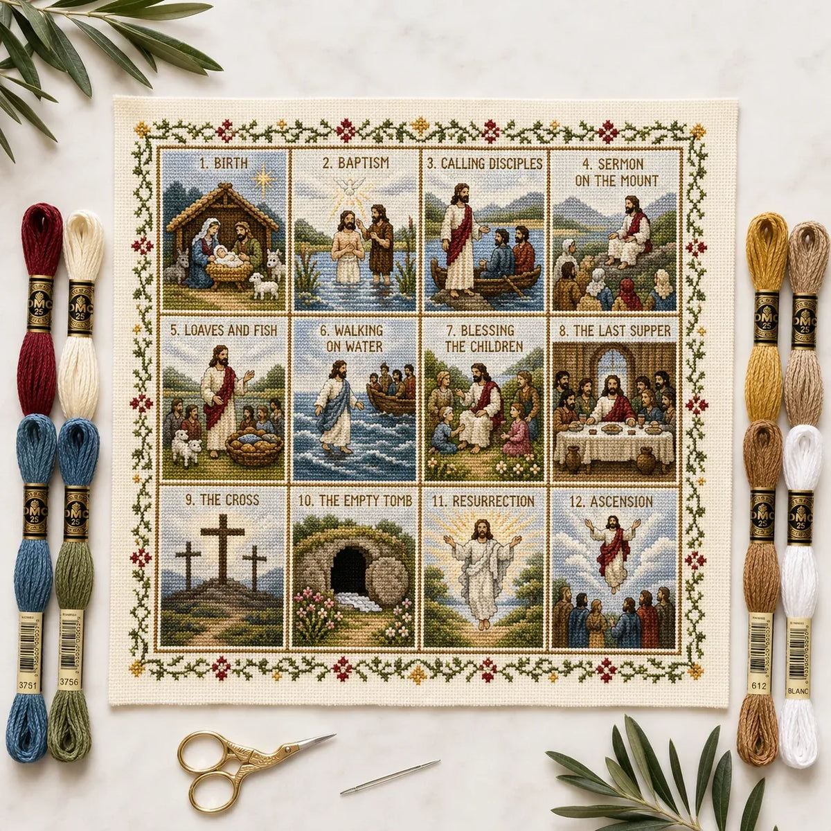 ✝️ Life of Jesus Cross Stitch Kit – 6 Biblical Designs