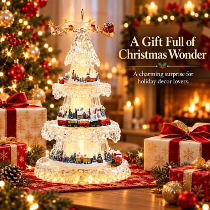 🎄 Musical Christmas Tree with Animated Train🚂 – Light-Up Acrylic Holiday Village Tabletop Decoration✨