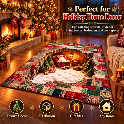 🔥HOT SALE🎅3D Optical Illusion Christmas Village Rug – Hidden Santa Winter Wonderland ✨