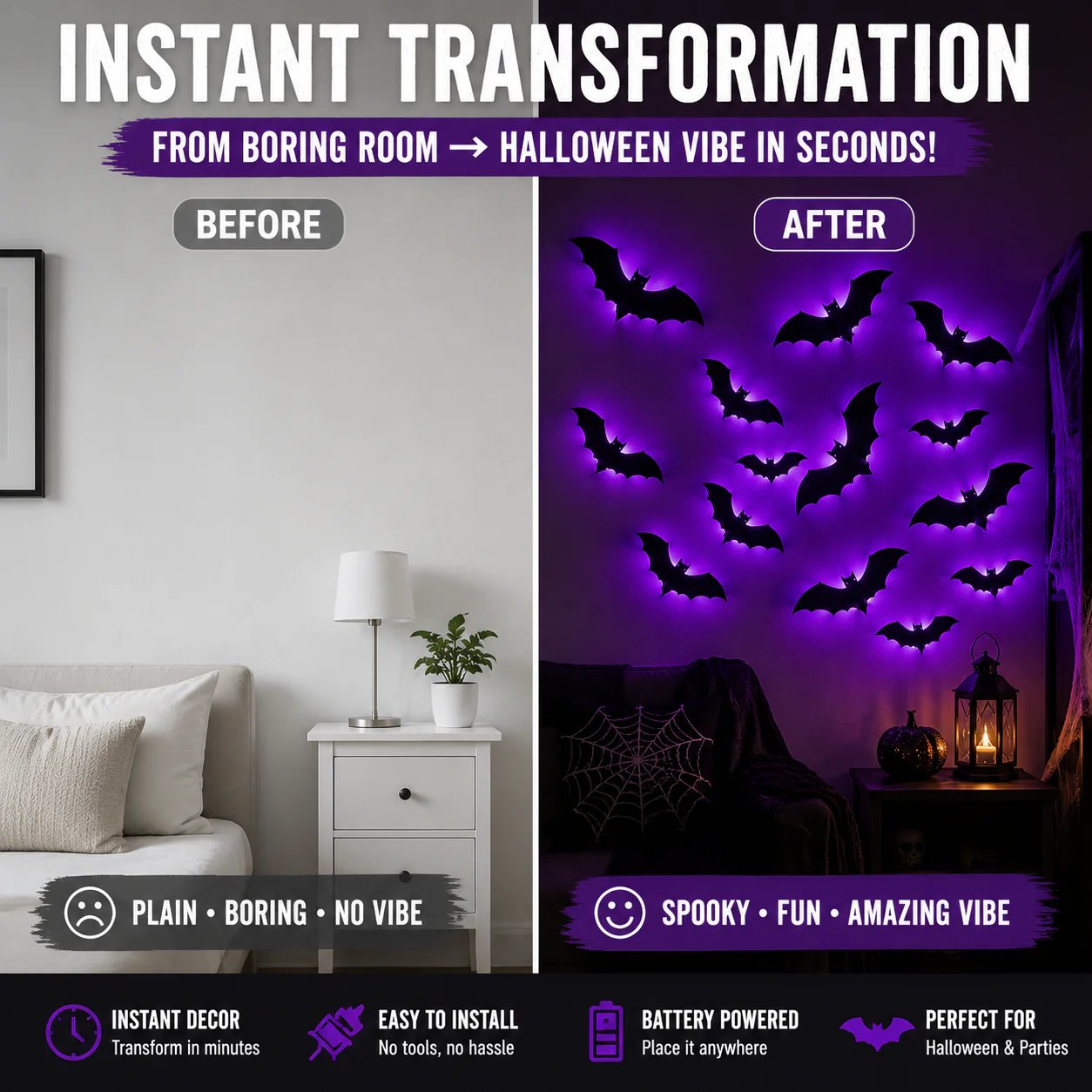 🦇3D LED Bat Light Halloween Wall Decor – Glowing Spooky Party Ornaments