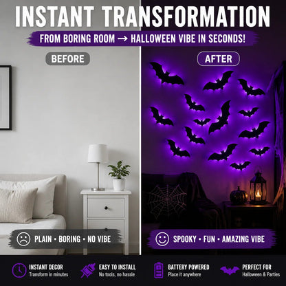 🦇3D LED Bat Light Halloween Wall Decor – Glowing Spooky Party Ornaments