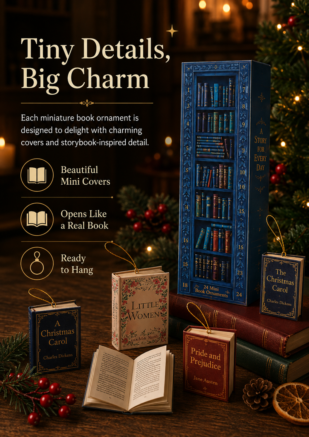 24-Day Book Ornament Advent Calendar | Christmas Gift for Book Lovers