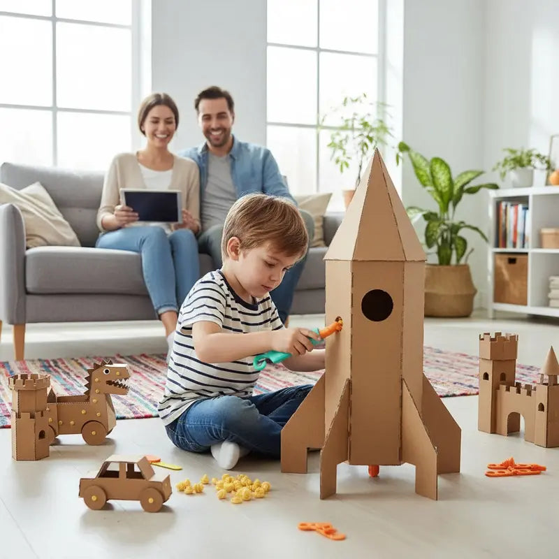 Child building cardboard rocket