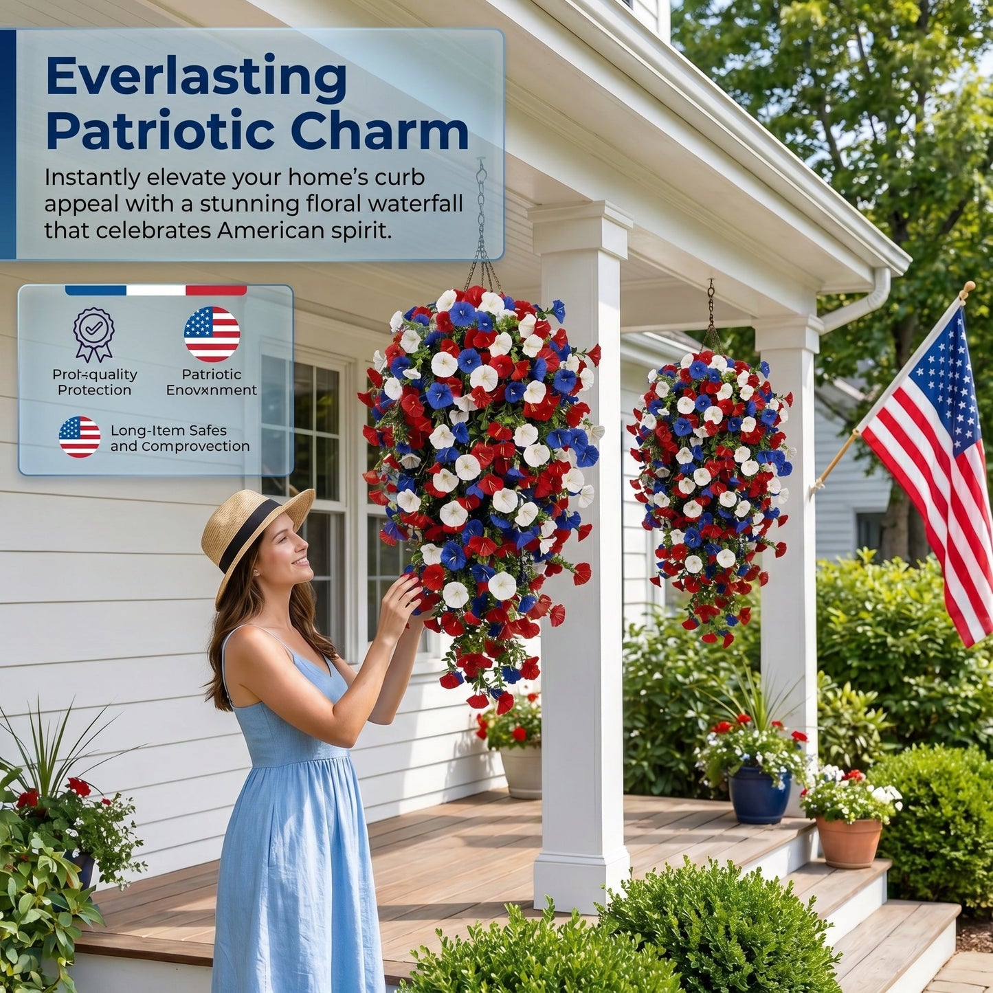 🌺Red, White & Blue Artificial Morning Glory Hanging Vines – 3-Piece Set
