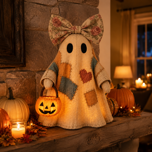 👻🎃 Vintage Patchwork Ghost Decor(✨ LED Pumpkin Lantern}