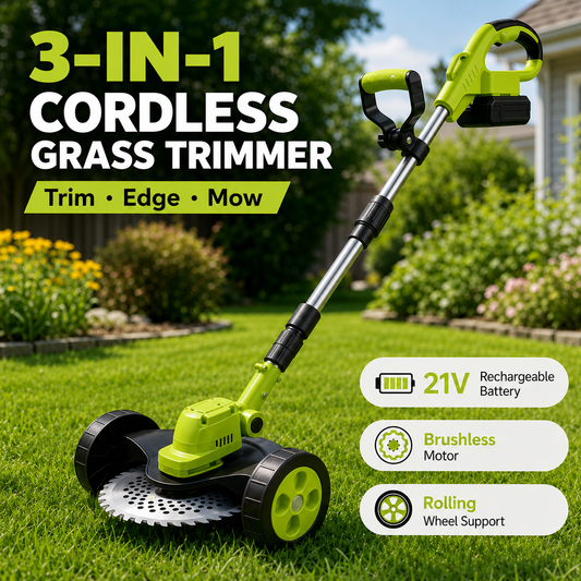3-in-1 Cordless Lawn Mower with 2×21V Batteries, German Quality Lightweight Grass Trimmer & Edger for Small to Medium Gardens
