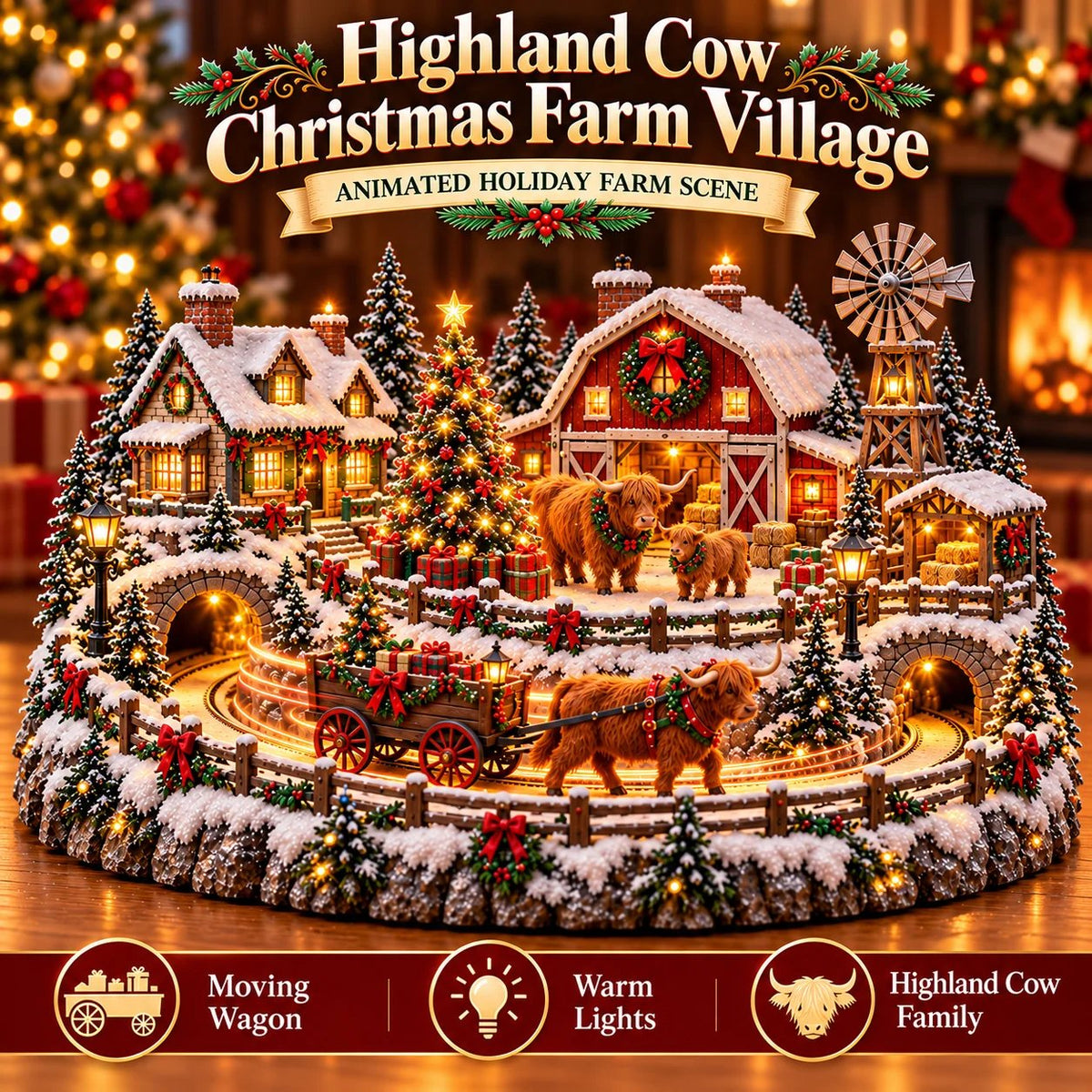 ⌛Last Day 49% OFF🐮 Highland Cow Christmas Farm Village – Lighted Farmhouse Holiday Décor 🎄✨