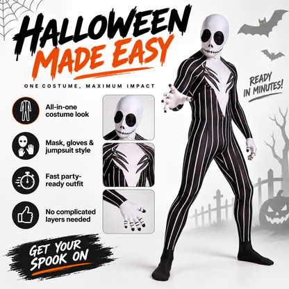 🎃 Full-Body Striped Skeleton Halloween Costume – Spooky Stretch Jumpsuit for Parties & Cosplay