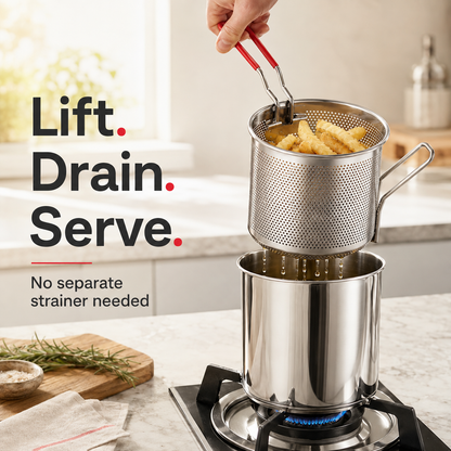 🥩Personal Mini Deep Fryer Set – Stainless Steel Pot with Lift-Out Draining Basket & Food Tongs