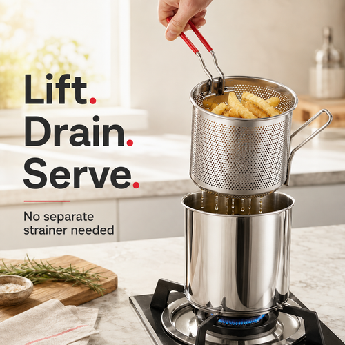 ⚡Personal Mini Deep Fryer Set – Stainless Steel Pot with Lift-Out Draining Basket & Food Tongs