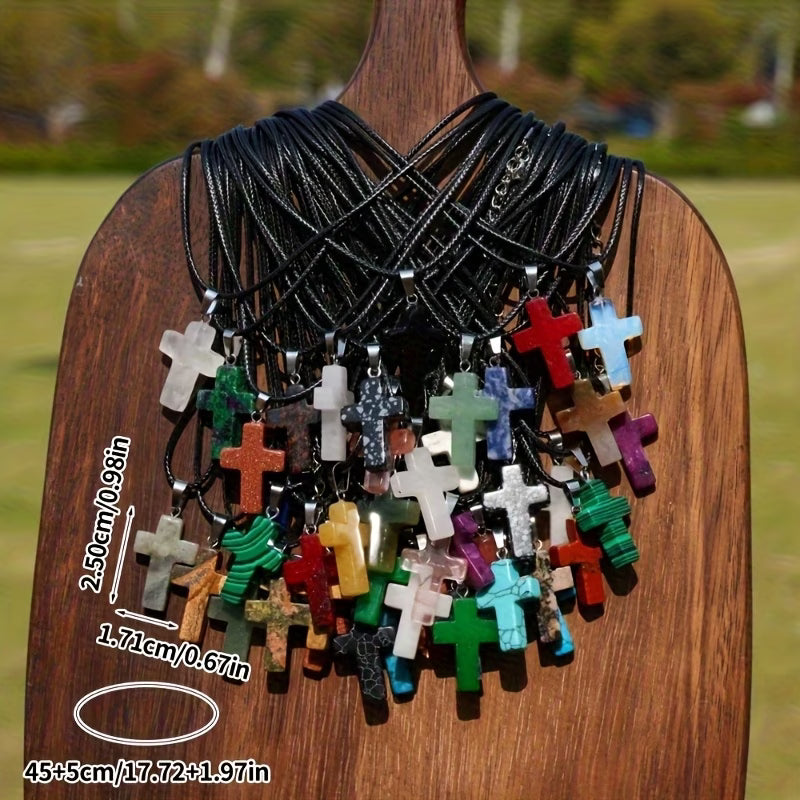 20pcs Natural Stone Cross Pendant Necklace Set