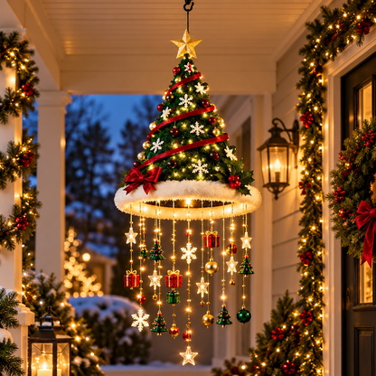 🎄 Lighted Hanging Christmas Tree Chandelier – Warm LED Holiday Porch & Entryway Décor ✨