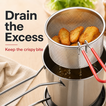 🥩Personal Mini Deep Fryer Set – Stainless Steel Pot with Lift-Out Draining Basket & Food Tongs