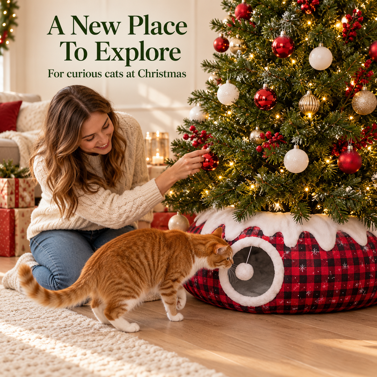 🎄 Christmas Cat Tunnel & Tree Skirt | Festive Plaid Hideaway with Hanging Pompom