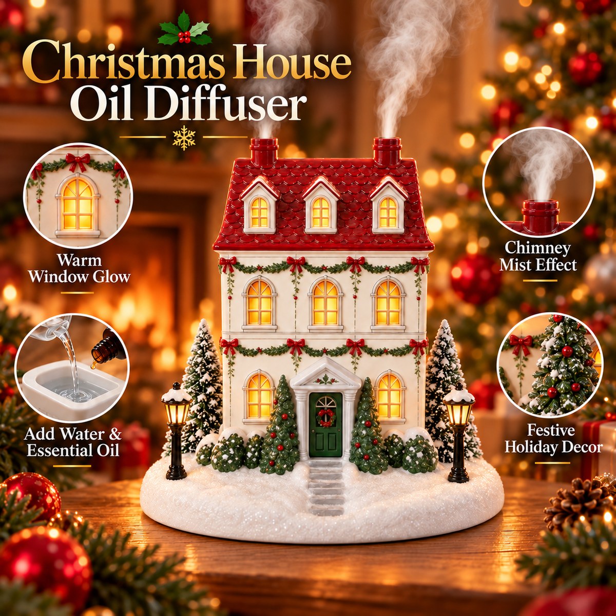🎄 A Christmas Cottage That Comes to Life – Light-Up Aroma Diffuser with Chimney Mist