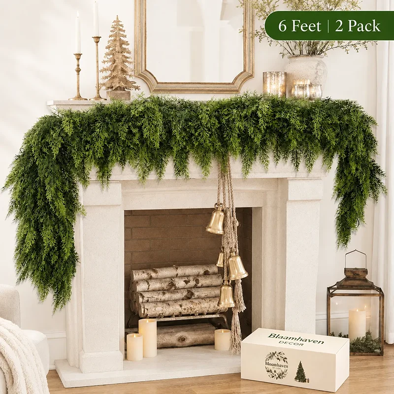 🎄 2-Piece 6FT Real-Touch Cedar Garland – Lifelike Christmas Greenery for Mantel, Staircase & Holiday Decor