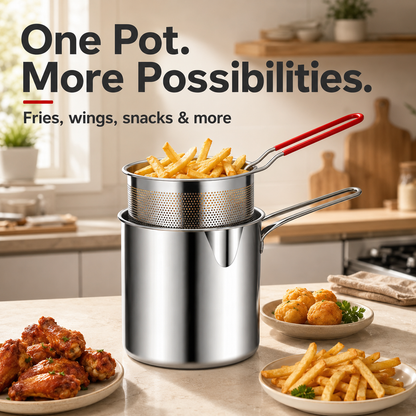 🥩Personal Mini Deep Fryer Set – Stainless Steel Pot with Lift-Out Draining Basket & Food Tongs
