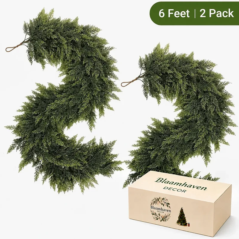 🎄 2-Piece 6FT Real-Touch Cedar Garland – Lifelike Christmas Greenery for Mantel, Staircase & Holiday Decor