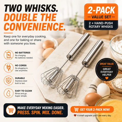 ⚡2-Pack Hand-Push Rotary Whisk – Press, Spin & Mix with Ease