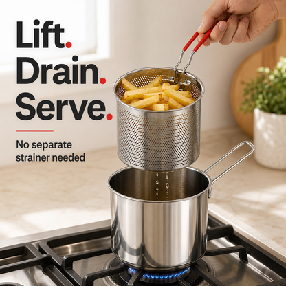 🥩Personal Mini Deep Fryer Set – Stainless Steel Pot with Lift-Out Draining Basket & Food Tongs