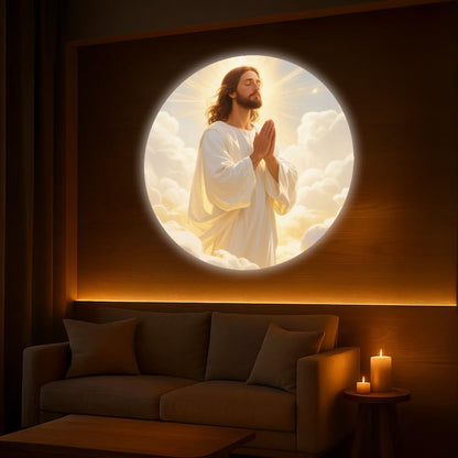 Praying Jesus image projected above a living room sofa