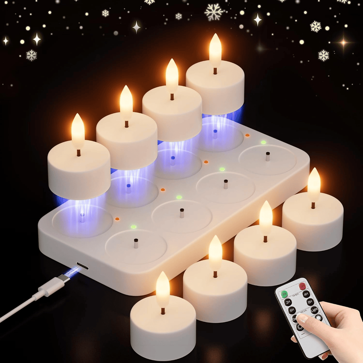 🕯️Rechargeable Flameless LED Tea Lights, Charging Station & Remote Included, Flickering Fake Candles, Safe No Flame Candle for Home, Wedding, Festival & Emergency Lighting