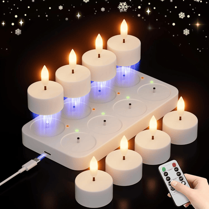 🕯️Rechargeable Flameless LED Tea Lights, Charging Station & Remote Included, Flickering Fake Candles, Safe No Flame Candle for Home, Wedding, Festival & Emergency Lighting