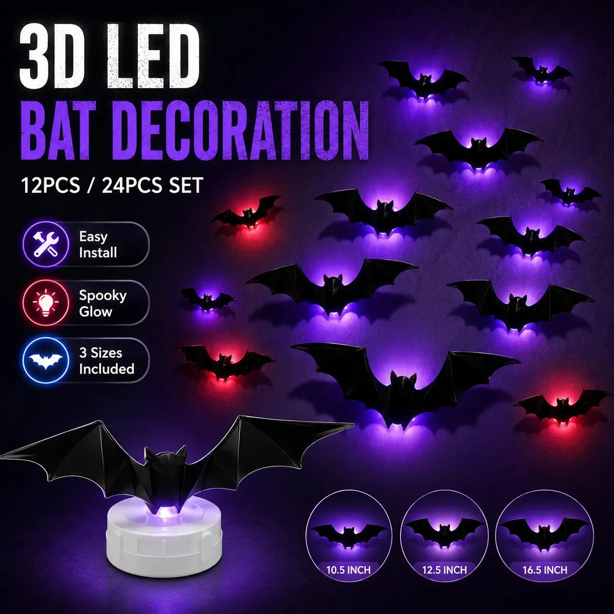 🦇3D LED Bat Light Halloween Wall Decor – Glowing Spooky Party Ornaments