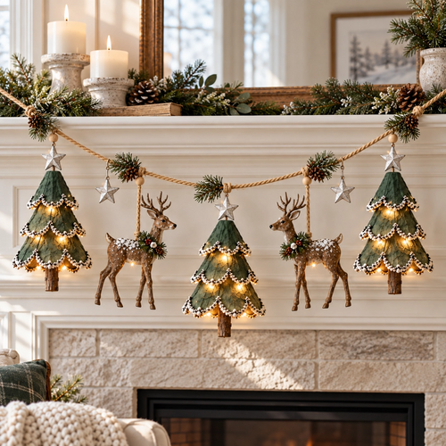 🎄 Light-Up Woodland Christmas Garland – Handmade Deer & Tree Decor with Warm LED Glow ✨