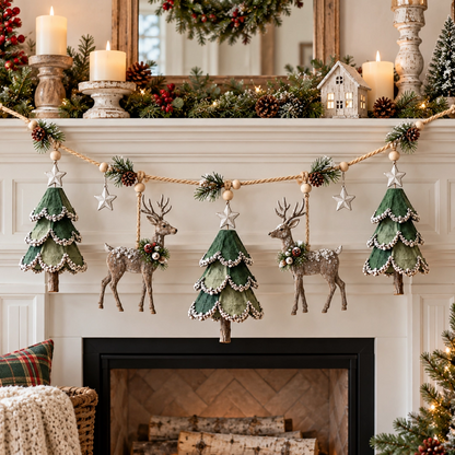 🎄 Light-Up Woodland Christmas Garland – Handmade Deer & Tree Decor with Warm LED Glow ✨