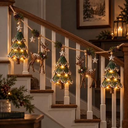 🎄 Light-Up Woodland Christmas Garland – Handmade Deer & Tree Decor with Warm LED Glow ✨