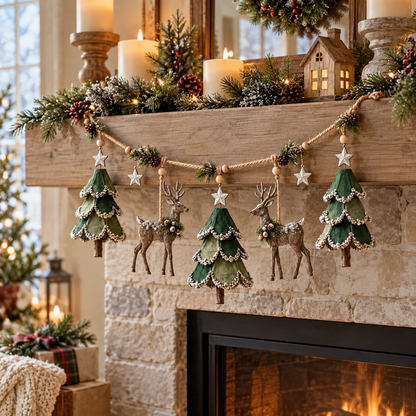 🎄 Light-Up Woodland Christmas Garland – Handmade Deer & Tree Decor with Warm LED Glow ✨