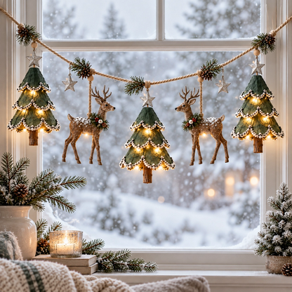🎄 Light-Up Woodland Christmas Garland – Handmade Deer & Tree Decor with Warm LED Glow ✨