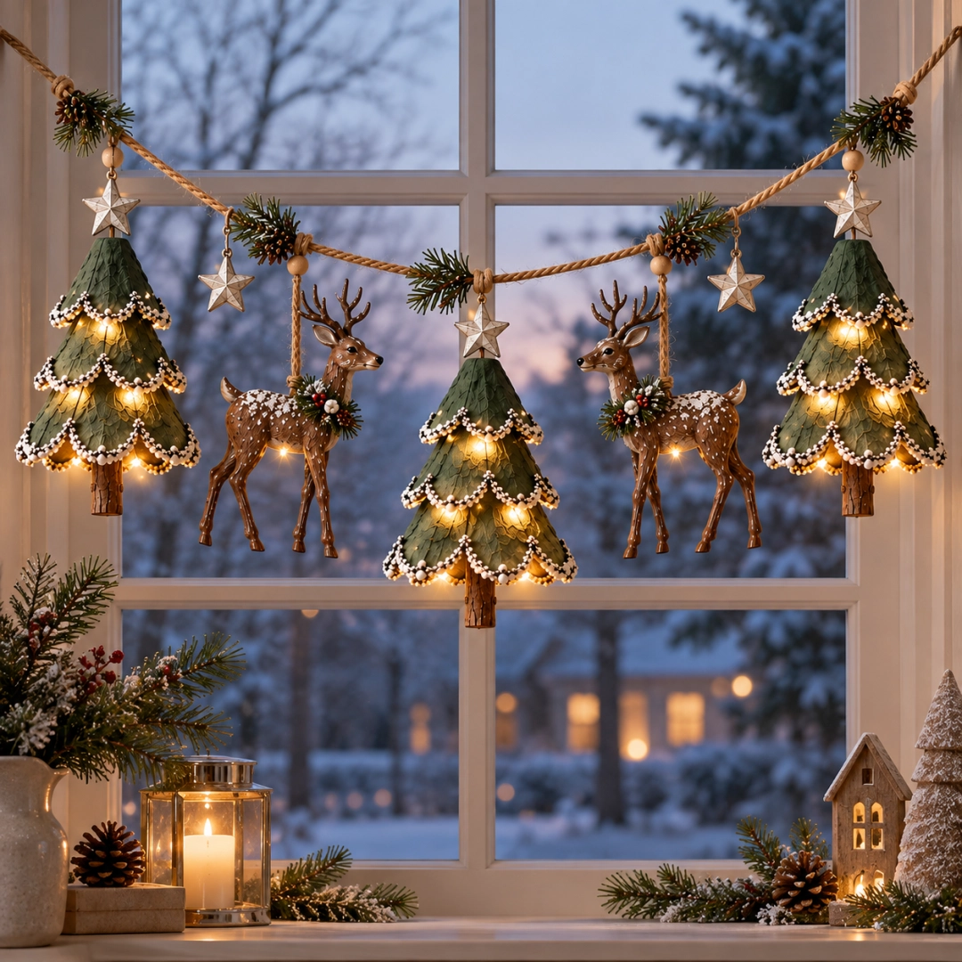 🎄 Light-Up Woodland Christmas Garland – Handmade Deer & Tree Decor with Warm LED Glow ✨