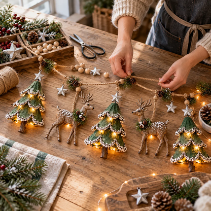 🎄 Light-Up Woodland Christmas Garland – Handmade Deer & Tree Decor with Warm LED Glow ✨