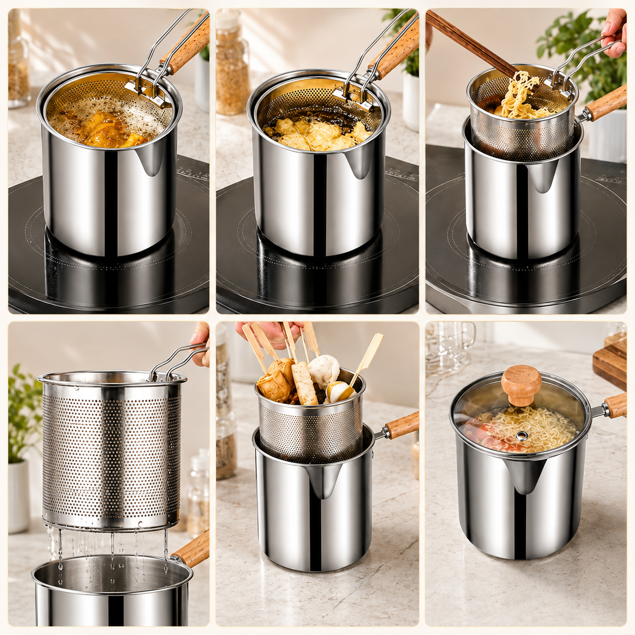 🥩Personal Mini Deep Fryer Set – Stainless Steel Pot with Lift-Out Draining Basket & Food Tongs