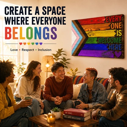 Everyone Is Welcome Here™ | Handmade 3D Progress Pride Flag Wood Sign