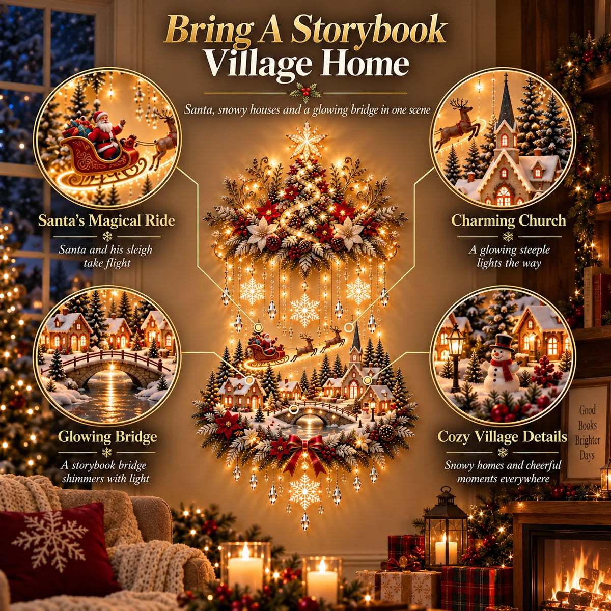 ✨ Illuminated Christmas Tree & Village Wall Hanging | Cascading Warm Lights for Living Rooms, Entryways & Staircases