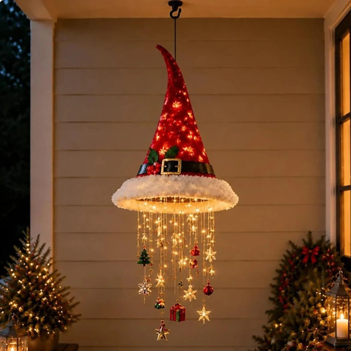 🎄🎅Santa Hat LED Hanging Light - A classic Santa hat raining warm fairy lights & Christmas charms