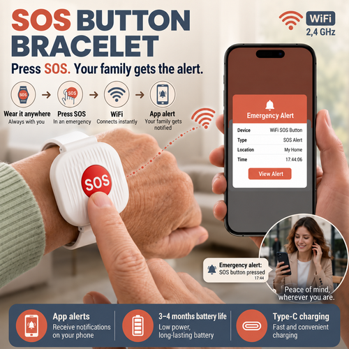 🔥 One-Touch WiFi SOS Alert Bracelet – Instant Family App Notifications, IP67 Water Resistance & Rechargeable Design