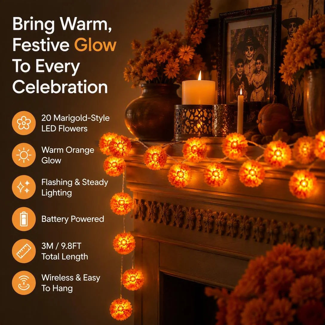 Marigold LED Memorial String Lights – 20 Glowing Flowers for Ofrendas & Remembrance