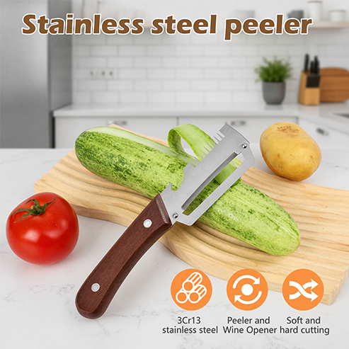 ✨Wooden-Handled Stainless Steel Sharp Peeler with Built-In Bottle Opener
